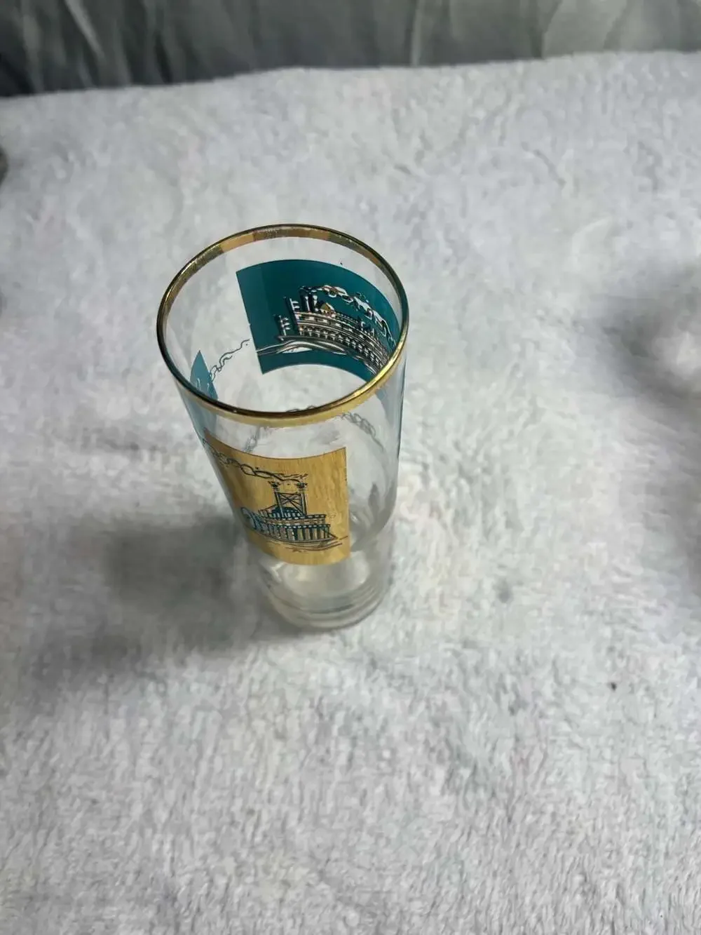 Vintage Libbey Southern Comfort Steamboat Glass Gold Turquoise 5 5/8” X 2 3/4”
